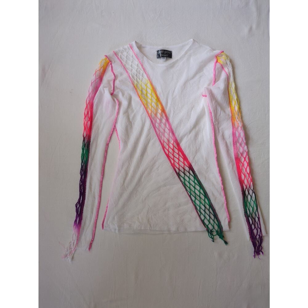 Petit Pois by Viviana G White Rainbow Mesh Netting Long Sleeve Top Club Festival